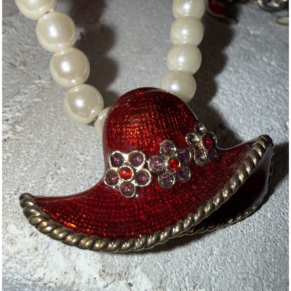 Vintage Imitation Pearl Necklace With Red Hat Society Enamel Pendant 14"